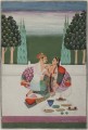 Folio de Nayaka Nayika bheda Una pareja amorosa parcialmente desvestida bebiendo vino en la terraza de un palacio India
